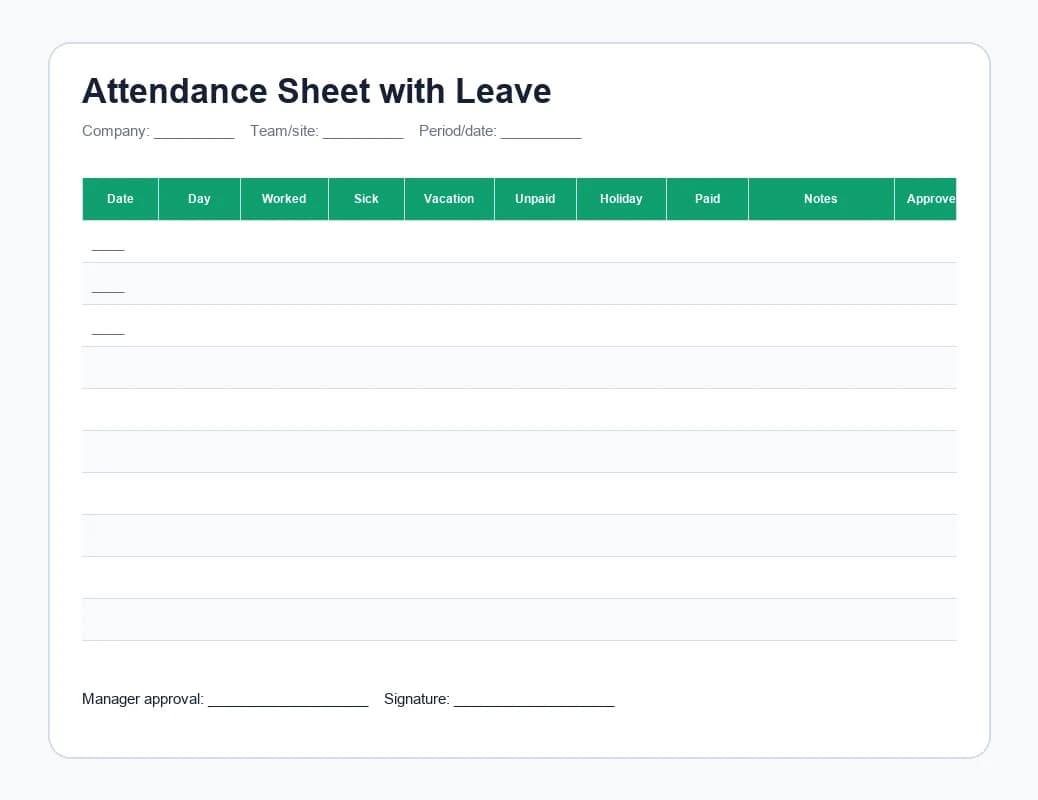 Preview of the Attendance Sheet with Leave Excel template