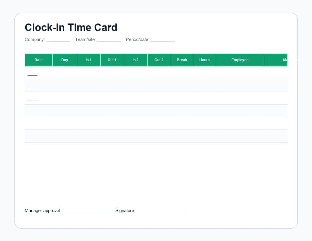 Preview of the Clock-In Time Card Excel template