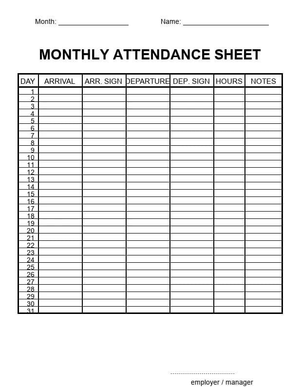 Preview of the Monthly Attendance Sheet Excel template