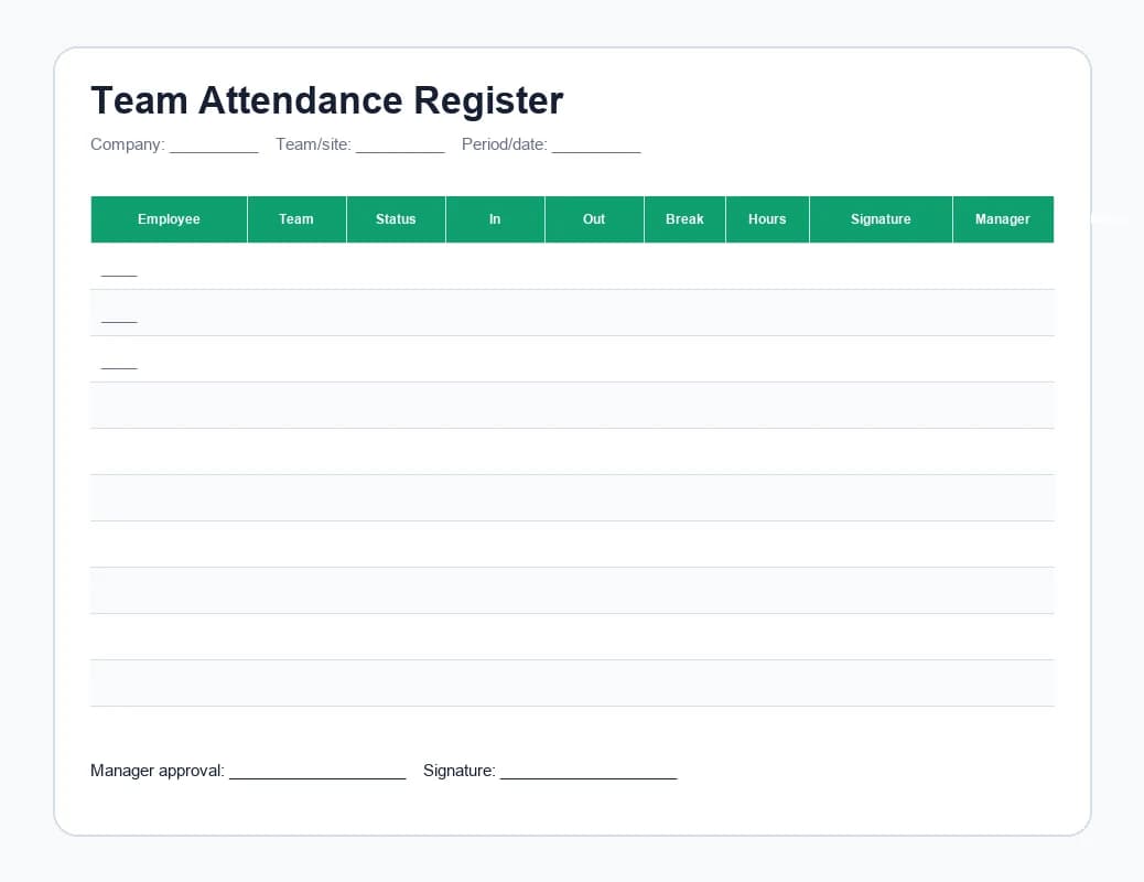 Preview of the Team Attendance Register Excel template