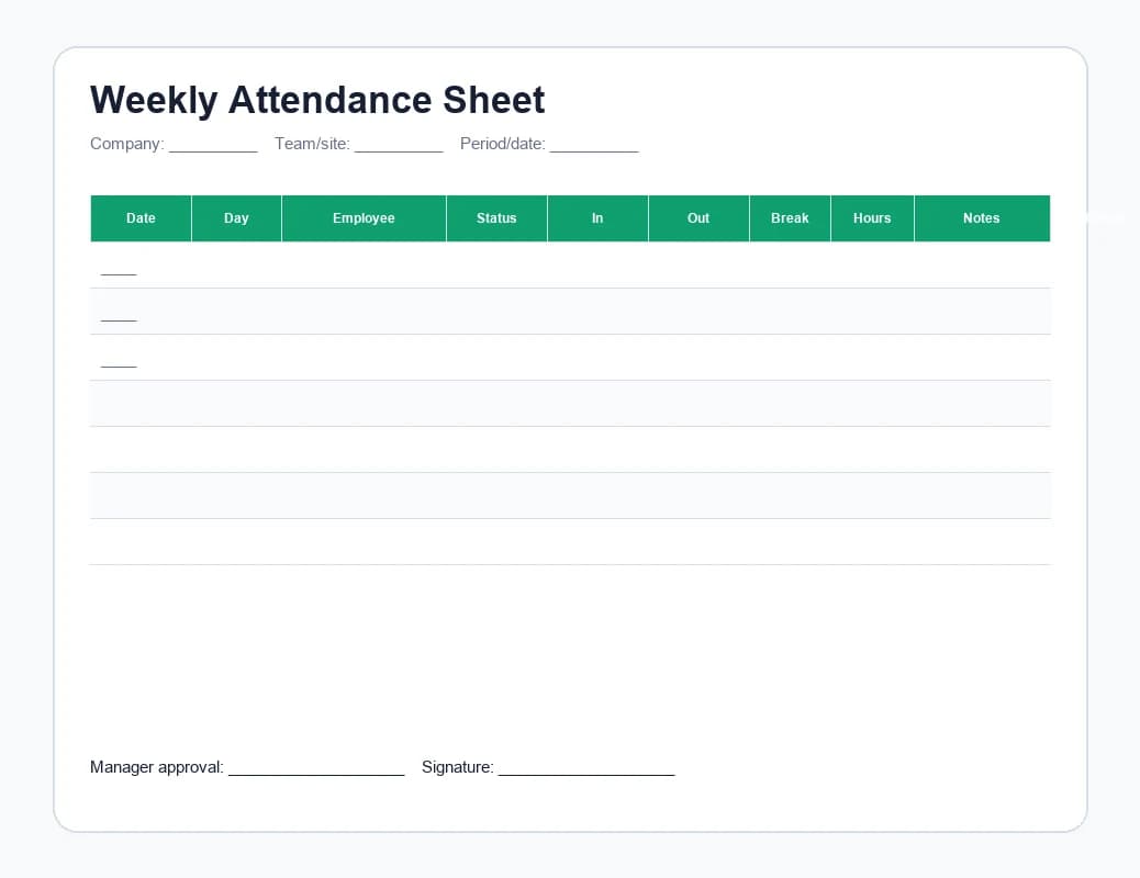 Preview of the Weekly Attendance Sheet Excel template