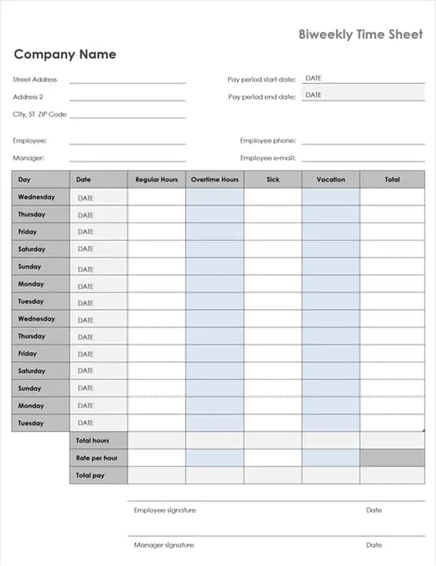 Preview of the Biweekly Timesheet with Sick Leave and Vacation Excel template