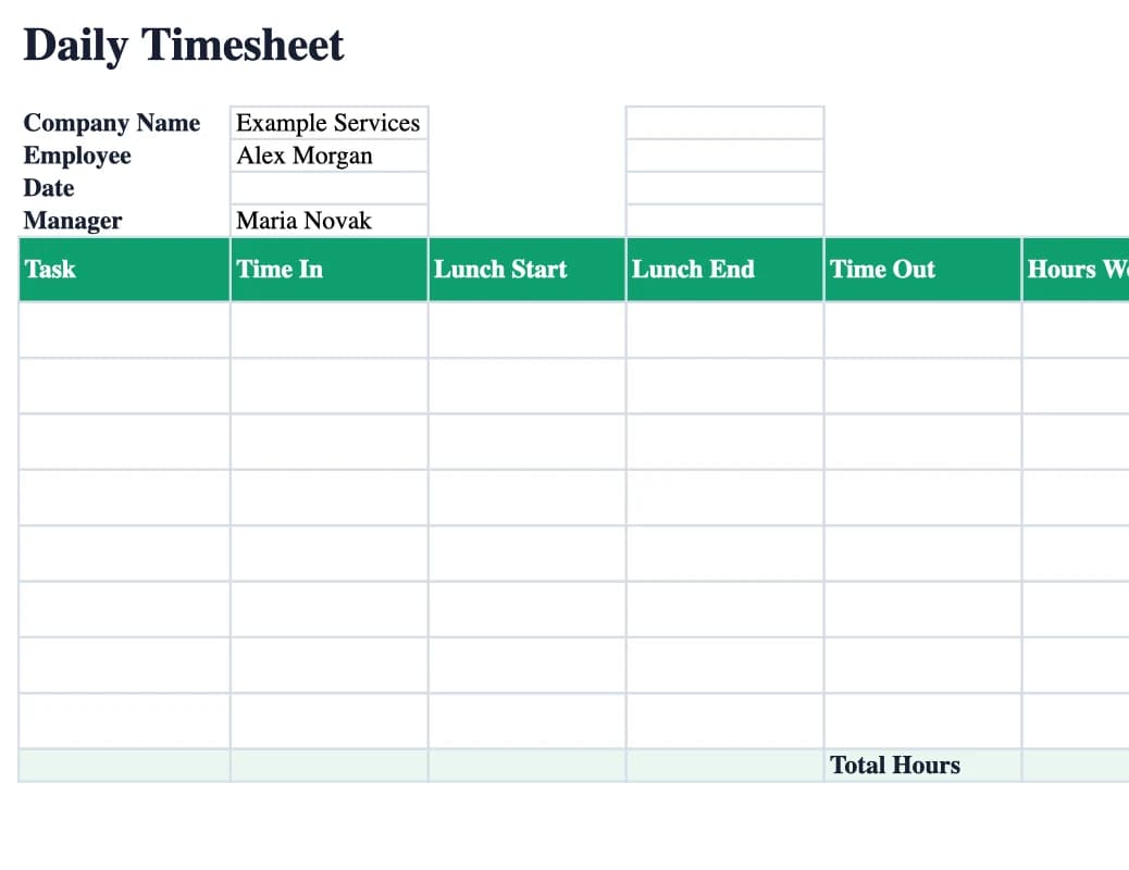 Preview of the Daily Timesheet Excel template