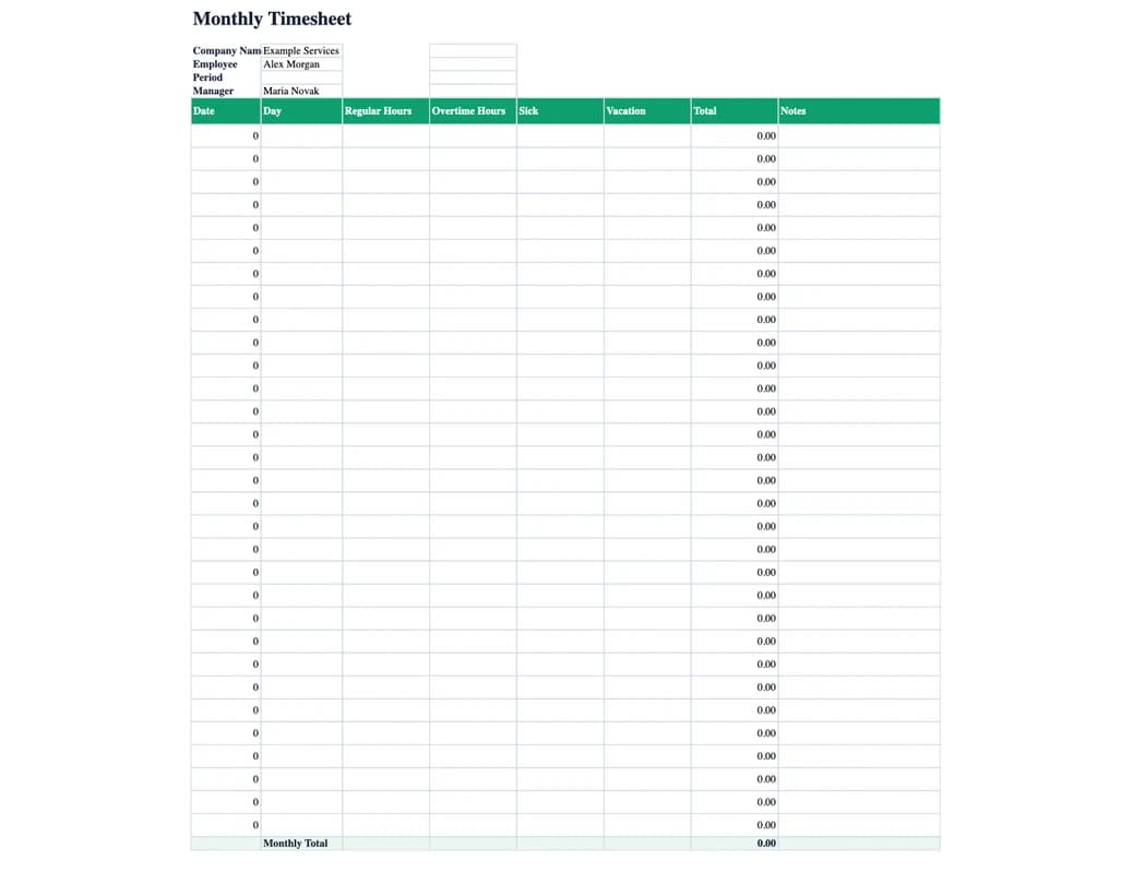 Preview of the Monthly Timesheet Excel template