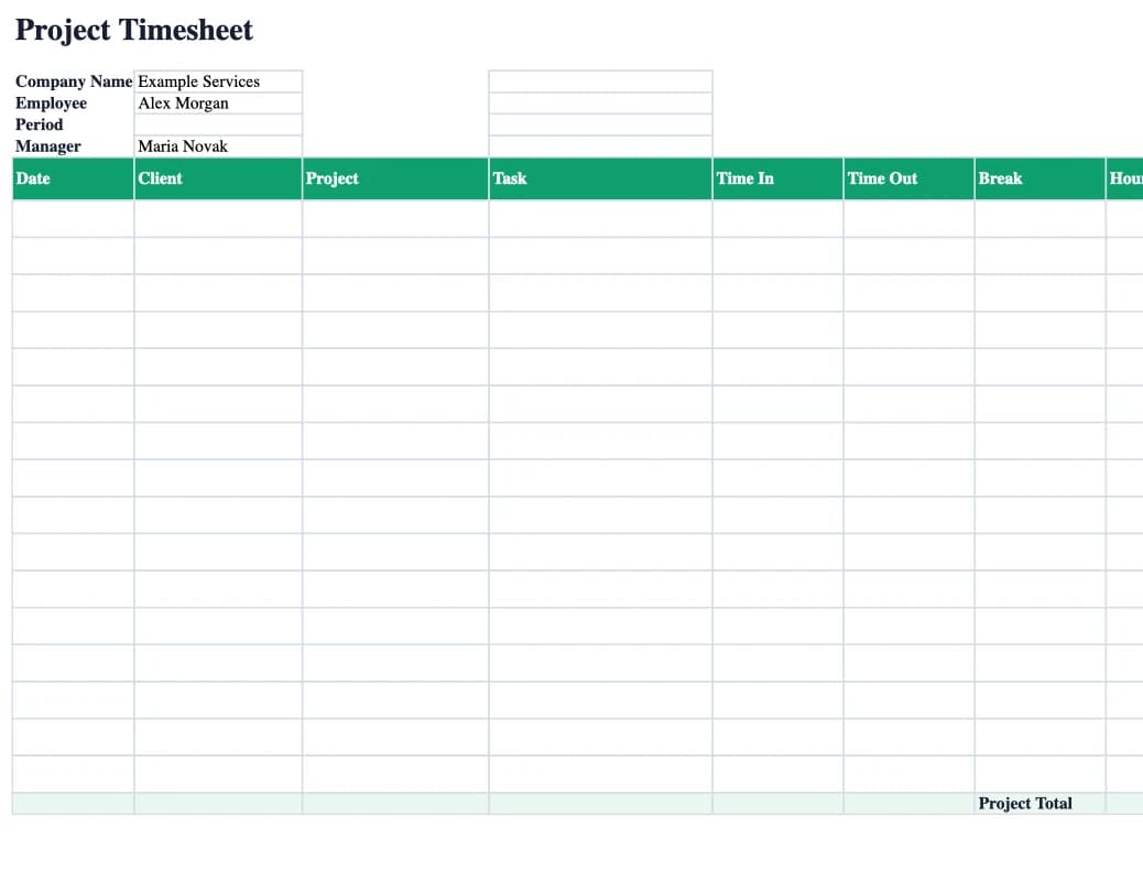 Preview of the Project Timesheet Excel template