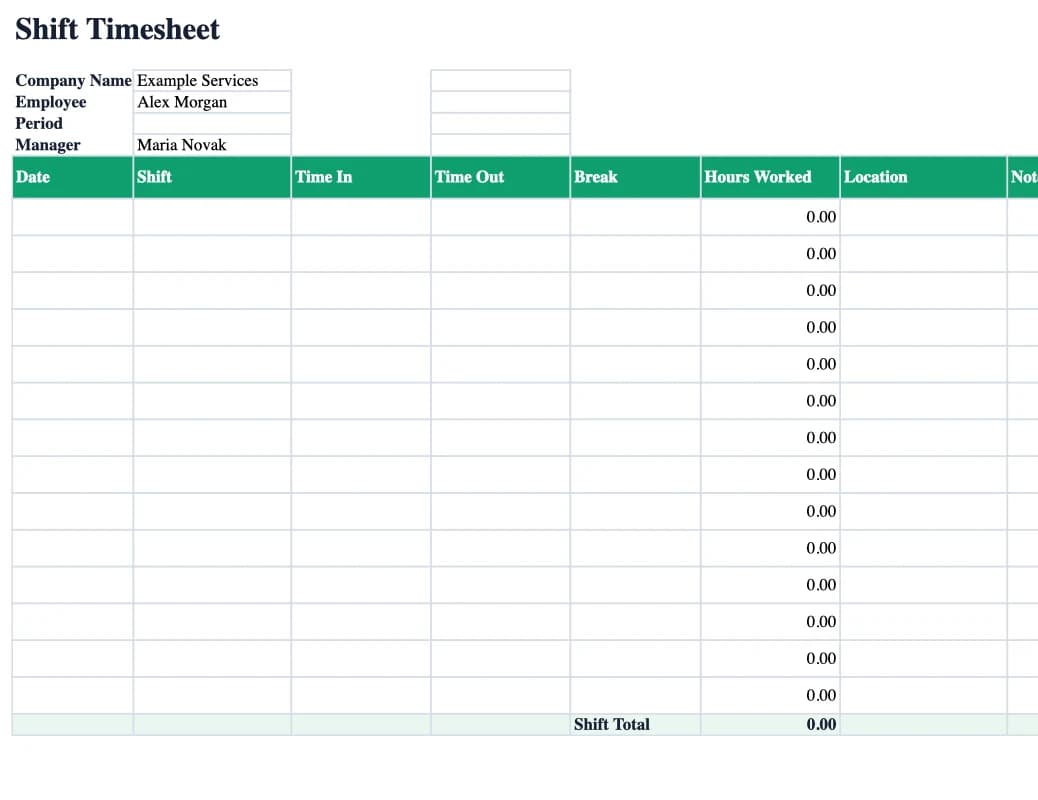 Preview of the Shift Timesheet Excel template