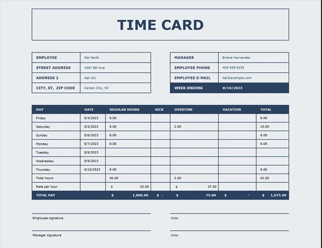 Preview of the Time Card Excel template