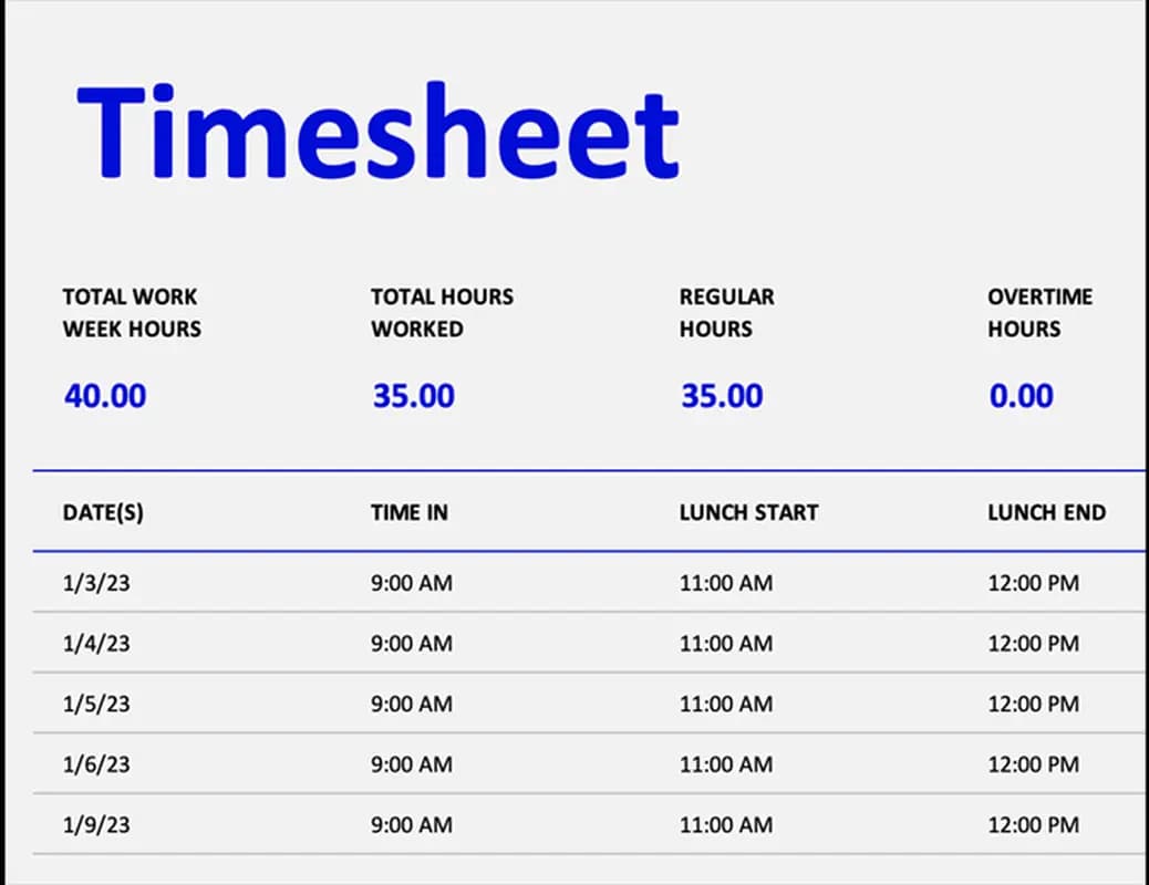 Preview of the Weekly Timesheet Excel template