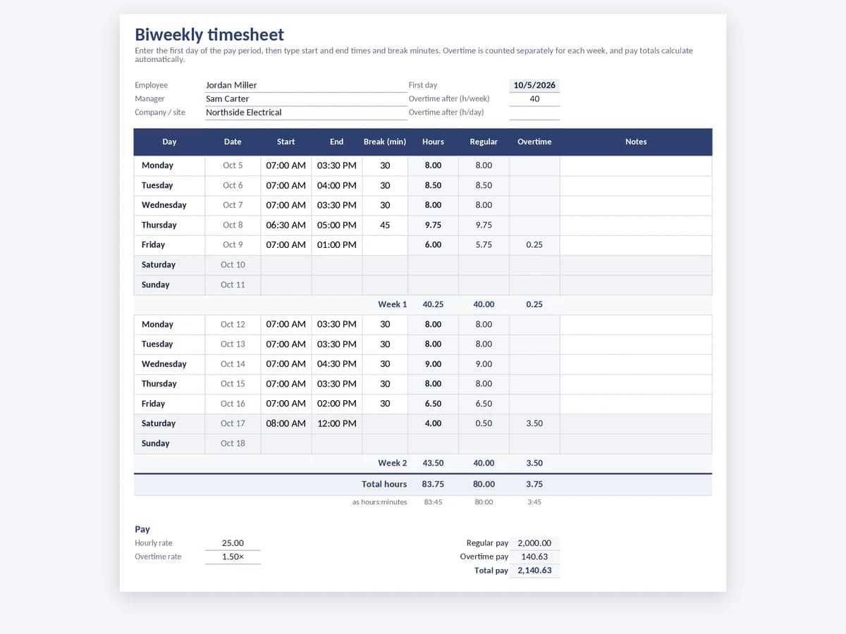 Biweekly timesheet template with week 1 and week 2 subtotals and overtime