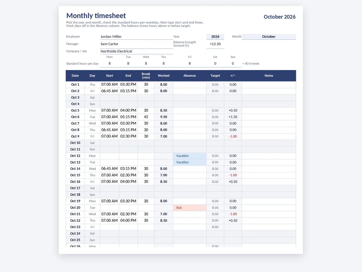 Monthly timesheet template with dates, absence column, target hours and overtime balance