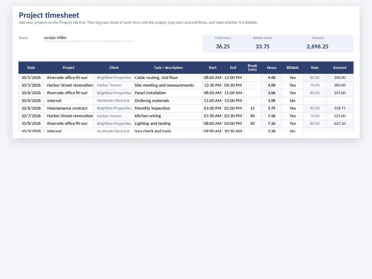 Project timesheet template with project, client, task, billable hours and amount