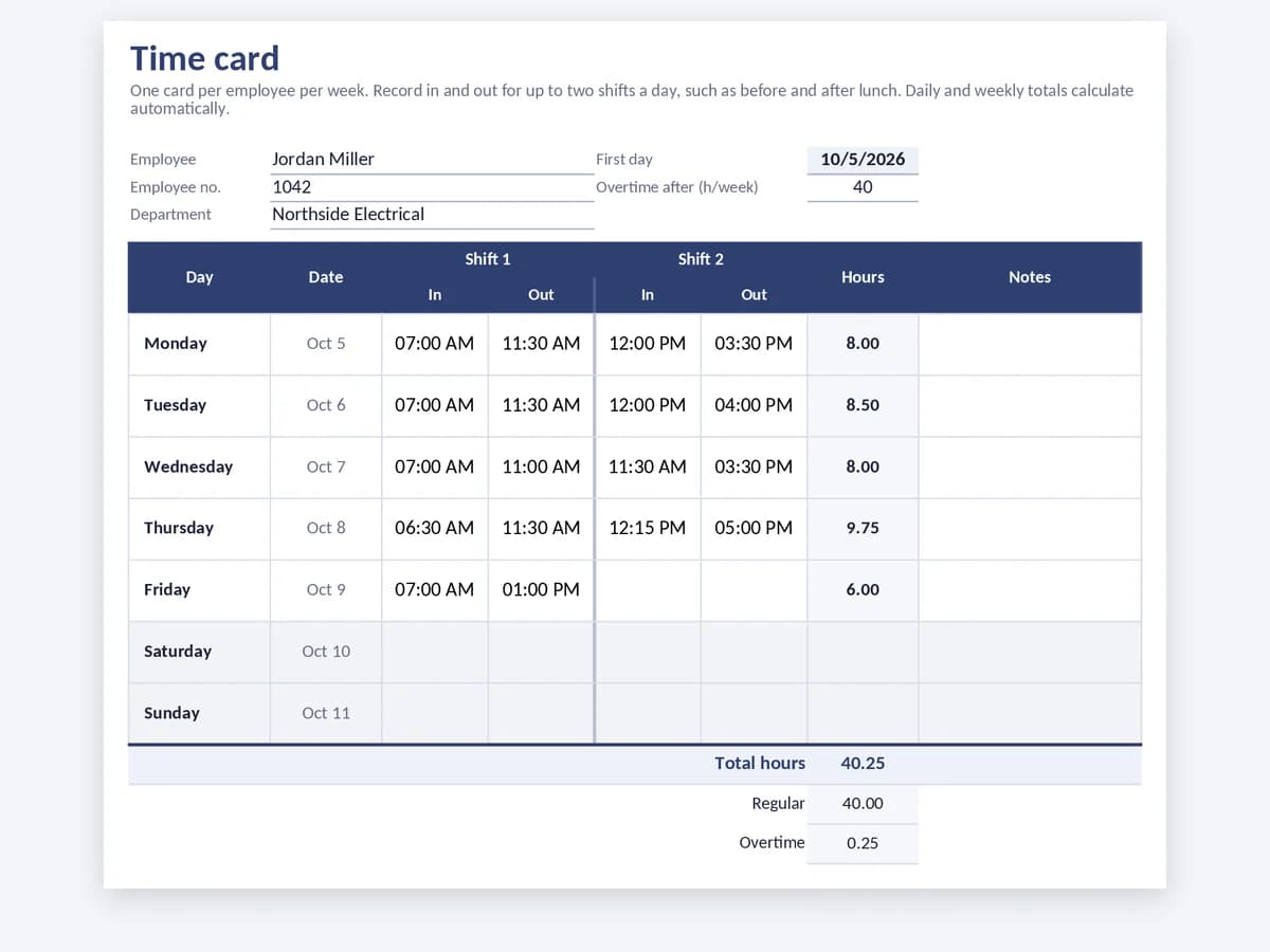 Weekly time card template with two in and out pairs per day