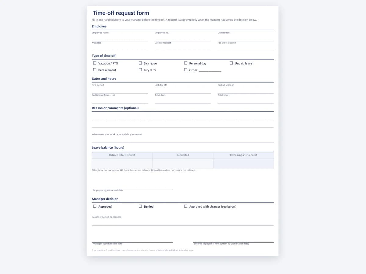 Employee time off request form with leave dates, leave type, manager approval and balance fields