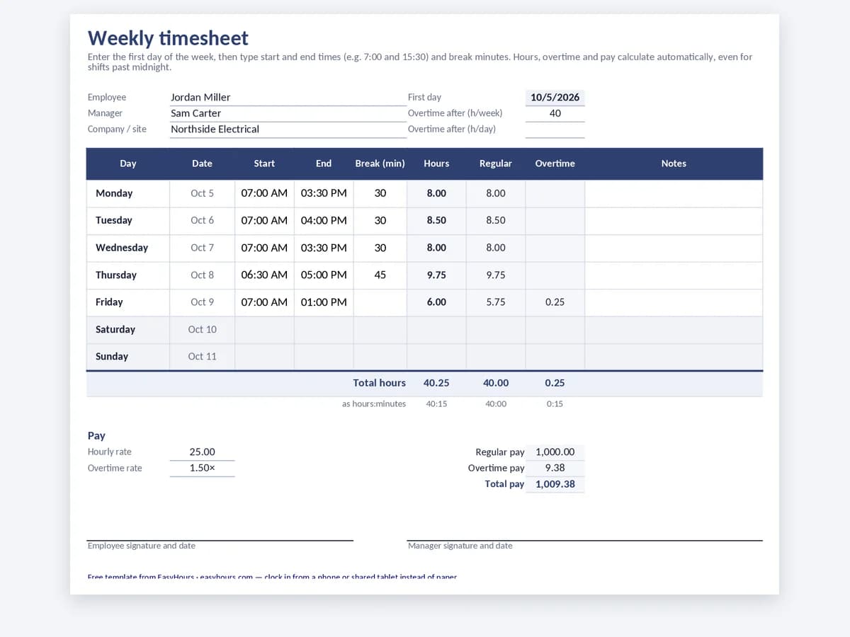 Weekly timesheet template in Excel with start, end, break, overtime and pay columns